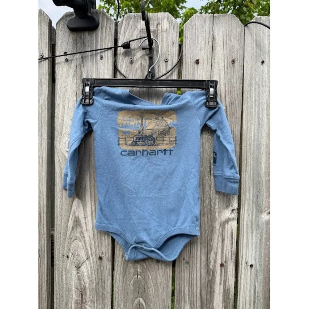 Farm Carhartt Bodysuit Kids 12M Blue Graphic Tractor Barn Long Sleeve Workwear